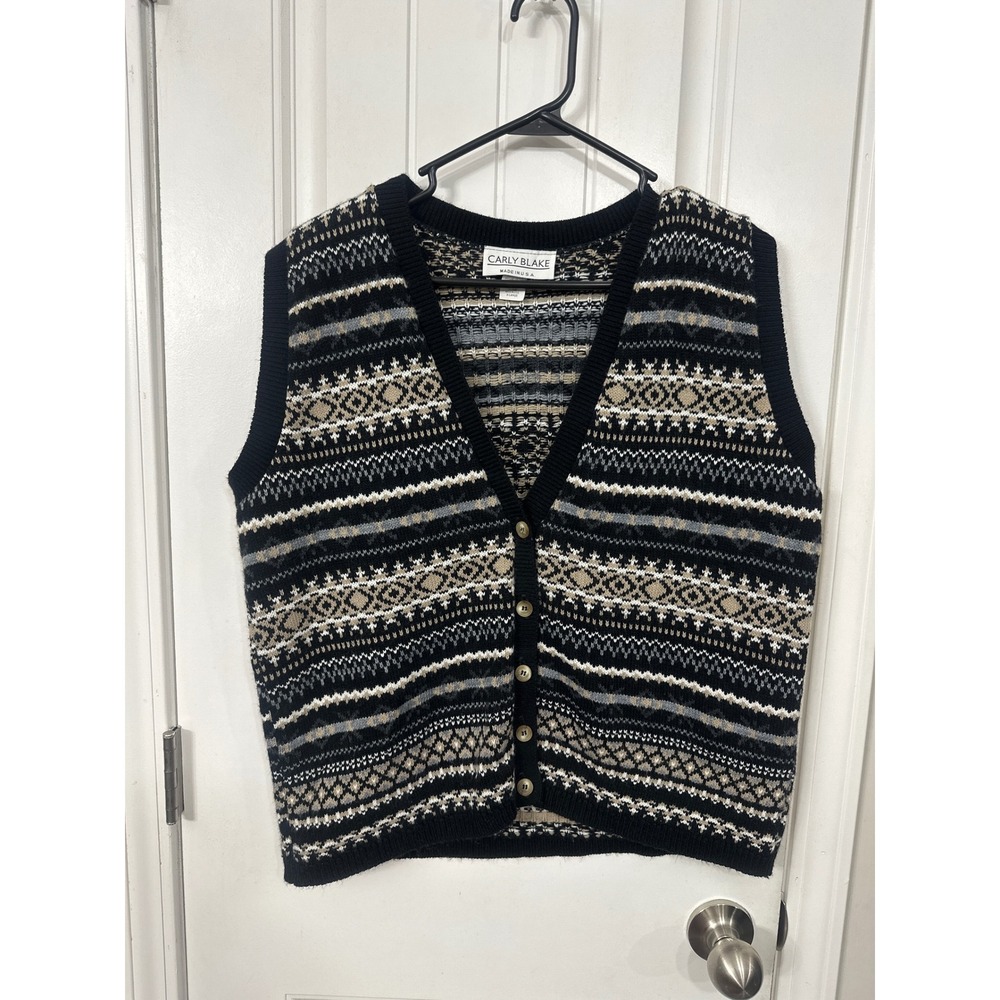Carly Blake Womens XL Fair Isle Sweater Vest Black Tan‎ Grey Button Front Knit